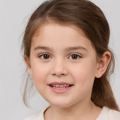 Joyful white child female with medium  brown hair and brown eyes