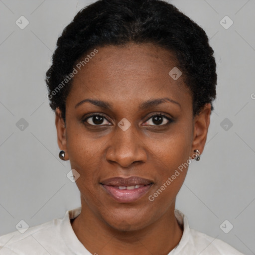 Joyful black young-adult female with short  black hair and brown eyes