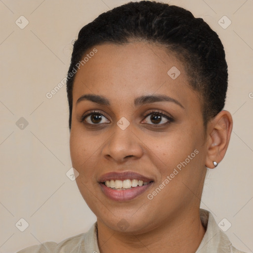 Joyful latino young-adult female with short  brown hair and brown eyes