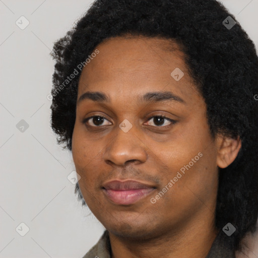 Neutral black young-adult female with short  black hair and brown eyes