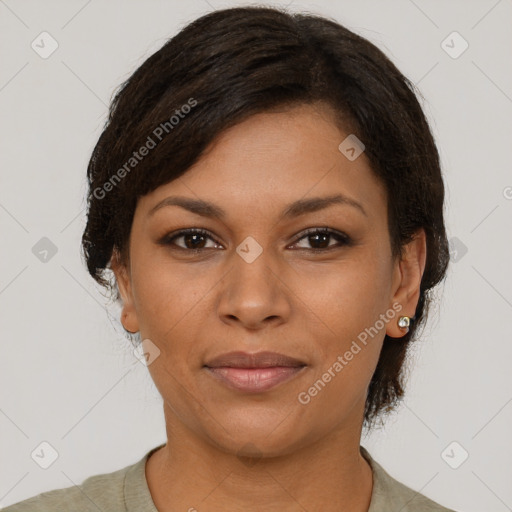 Joyful asian young-adult female with short  brown hair and brown eyes