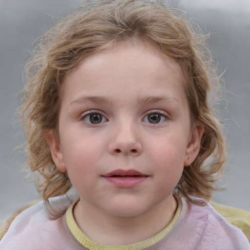 Neutral white child female with medium  brown hair and blue eyes