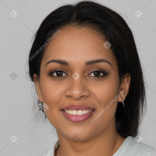 Joyful latino young-adult female with medium  brown hair and brown eyes