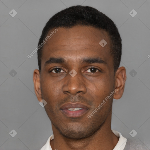 Neutral black young-adult male with short  black hair and brown eyes