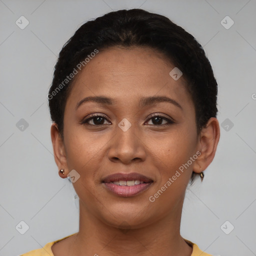 Joyful latino young-adult female with short  brown hair and brown eyes