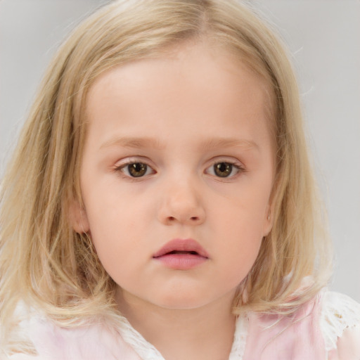 Neutral white child female with medium  brown hair and blue eyes