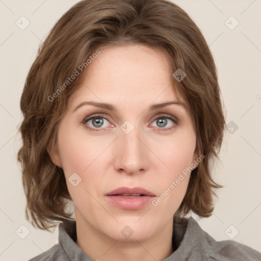 Joyful white young-adult female with medium  brown hair and green eyes