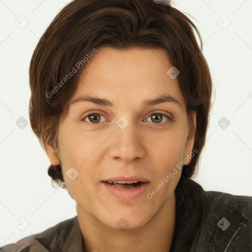 Neutral white young-adult female with short  brown hair and brown eyes