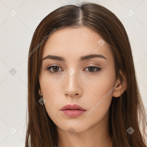 Neutral white young-adult female with long  brown hair and brown eyes