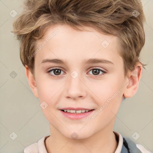 Joyful white child female with short  brown hair and brown eyes