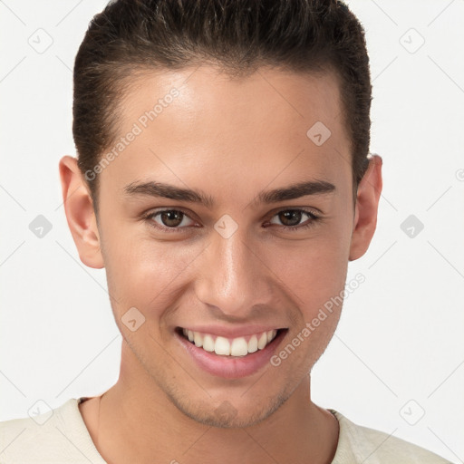 Joyful white young-adult female with short  brown hair and brown eyes