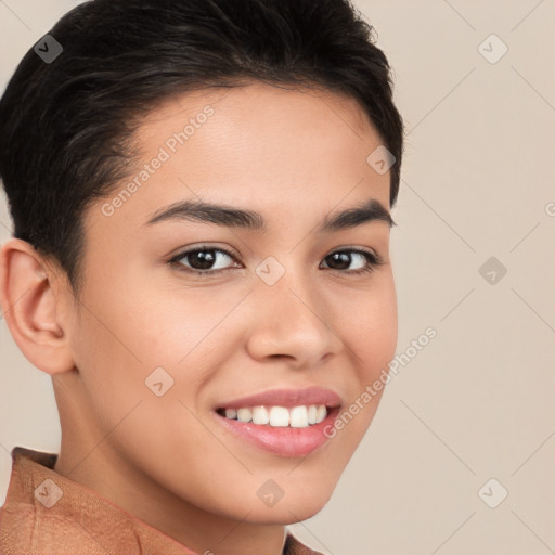 Joyful white young-adult female with short  brown hair and brown eyes