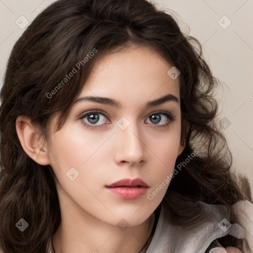 Neutral white young-adult female with medium  brown hair and brown eyes