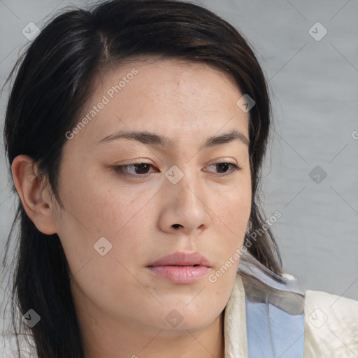 Neutral white young-adult female with medium  brown hair and brown eyes