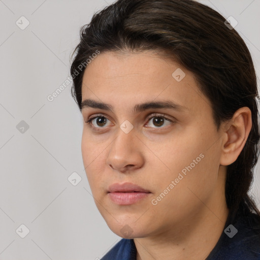 Neutral white young-adult female with medium  brown hair and brown eyes