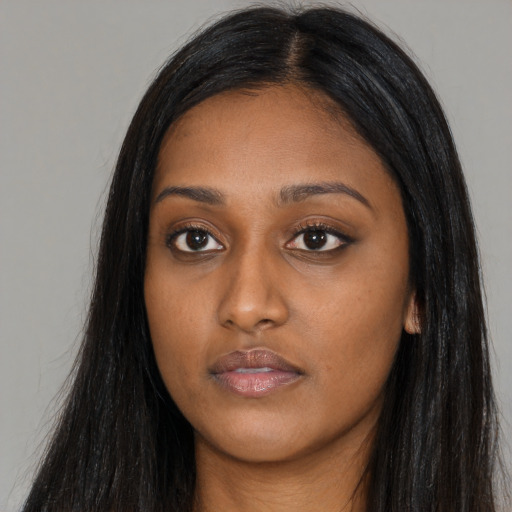 Neutral asian young-adult female with long  black hair and brown eyes