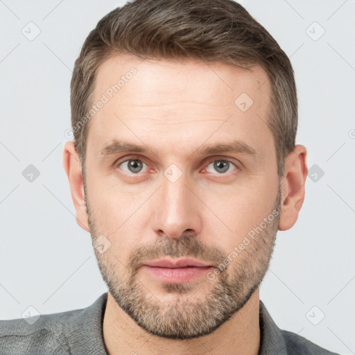 Neutral white adult male with short  brown hair and grey eyes