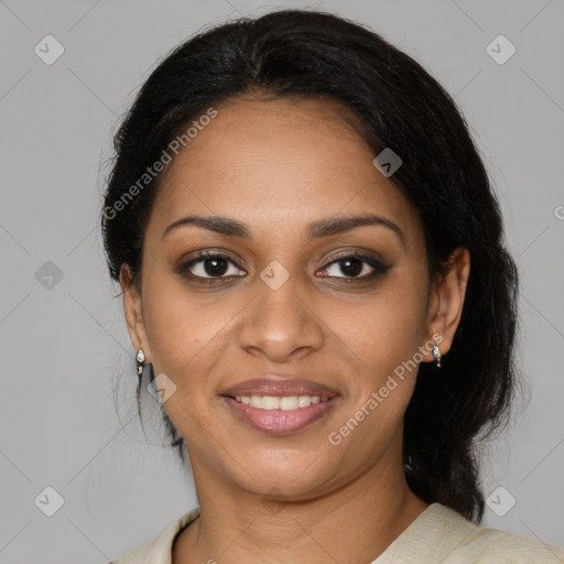 Joyful black young-adult female with medium  black hair and brown eyes