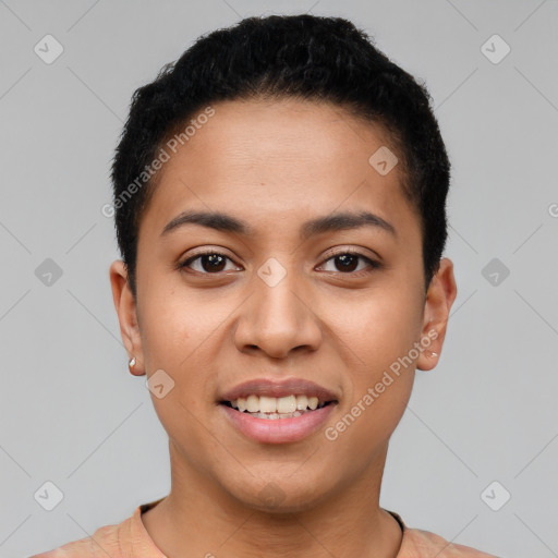 Joyful latino young-adult female with short  black hair and brown eyes