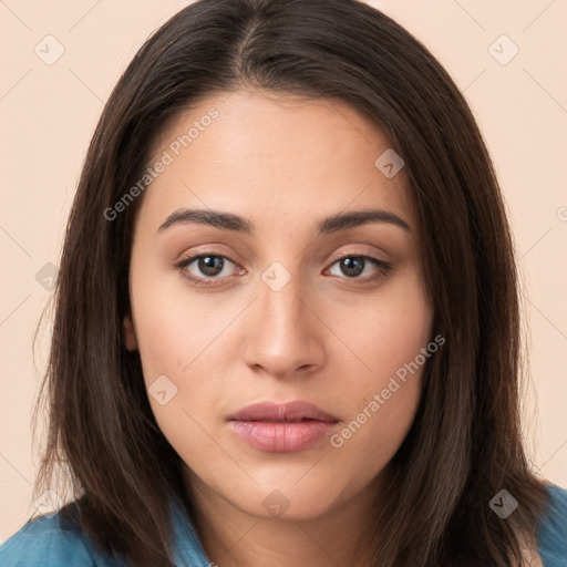 Neutral white young-adult female with long  brown hair and brown eyes