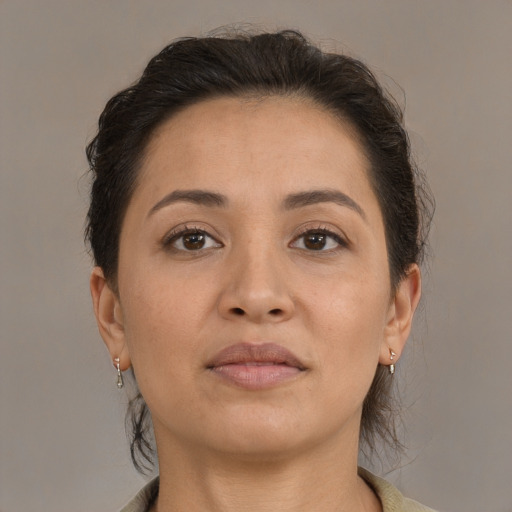 Neutral white adult female with medium  brown hair and brown eyes