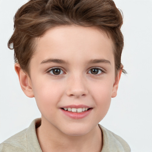 Joyful white child female with short  brown hair and brown eyes