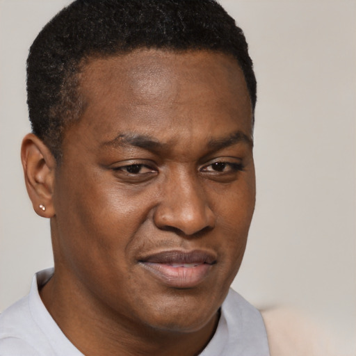 Joyful black adult male with short  brown hair and brown eyes