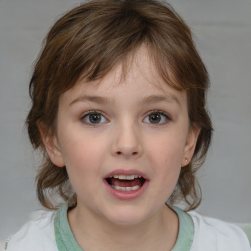 Joyful white child female with medium  brown hair and blue eyes