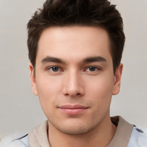 Neutral white young-adult male with short  brown hair and brown eyes