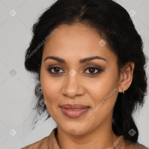 Joyful latino young-adult female with long  brown hair and brown eyes