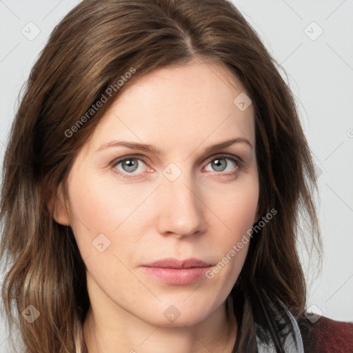 Neutral white young-adult female with medium  brown hair and grey eyes