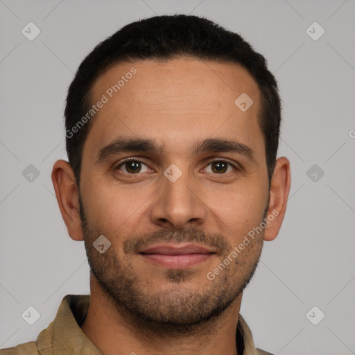 Neutral white young-adult male with short  black hair and brown eyes