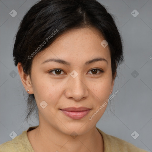 Joyful asian young-adult female with medium  brown hair and brown eyes