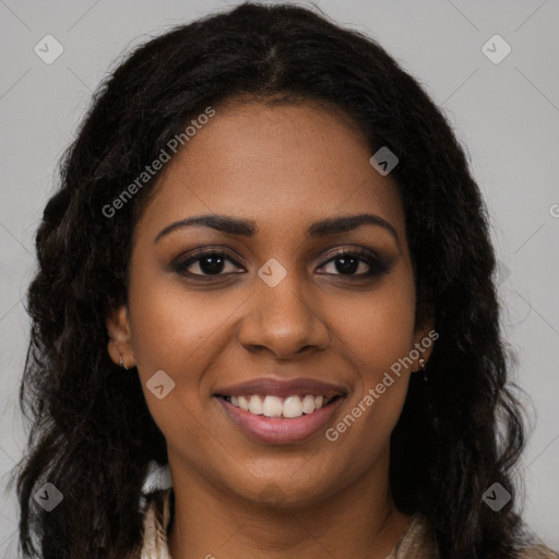 Joyful black young-adult female with long  brown hair and brown eyes