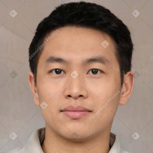 Neutral asian young-adult male with short  black hair and brown eyes