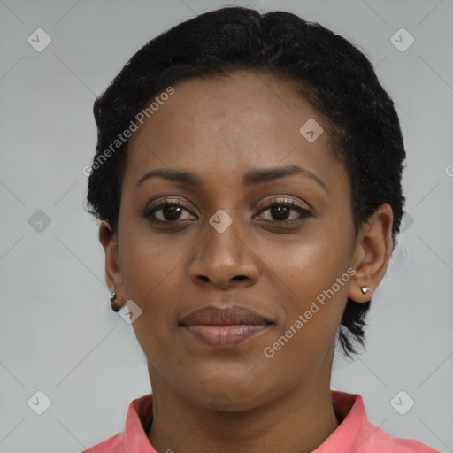 Joyful latino young-adult female with short  black hair and brown eyes