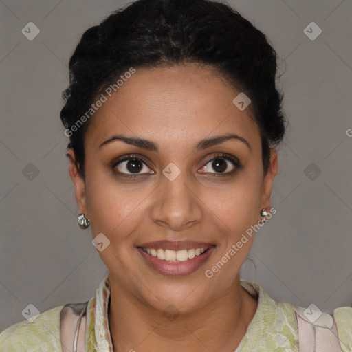 Joyful latino young-adult female with short  brown hair and brown eyes