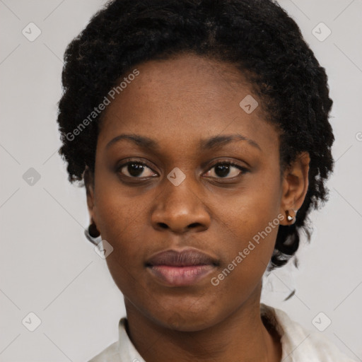 Neutral black young-adult female with short  black hair and brown eyes