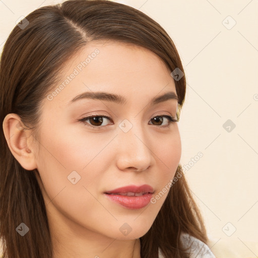 Neutral white young-adult female with long  brown hair and brown eyes