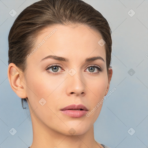 Neutral white young-adult female with short  brown hair and brown eyes