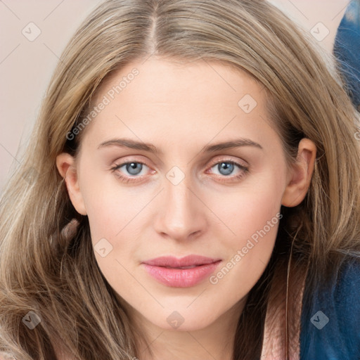 Joyful white young-adult female with long  brown hair and blue eyes