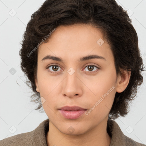 Neutral white young-adult female with short  brown hair and brown eyes