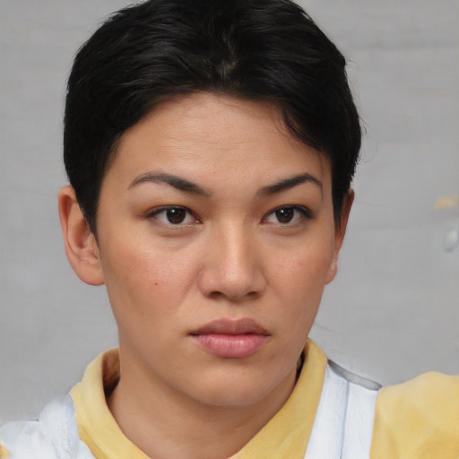 Neutral asian young-adult female with short  brown hair and brown eyes
