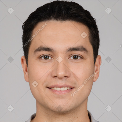 Joyful white young-adult male with short  black hair and brown eyes