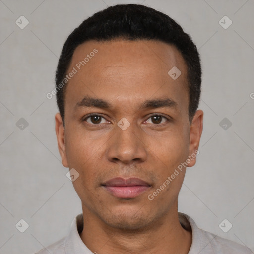 Neutral latino young-adult male with short  black hair and brown eyes