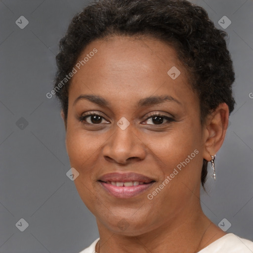 Joyful black adult female with short  brown hair and brown eyes