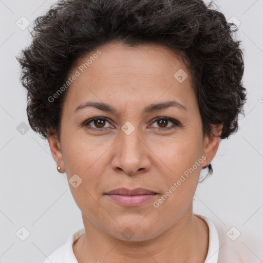 Joyful white adult female with short  brown hair and brown eyes