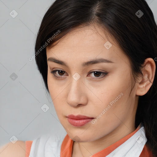 Neutral white young-adult female with medium  brown hair and brown eyes