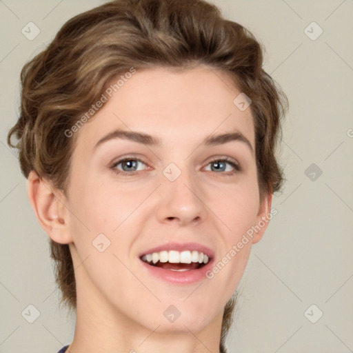 Joyful white young-adult female with medium  brown hair and green eyes