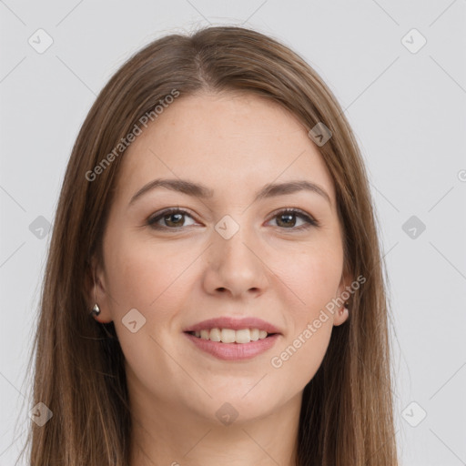 Joyful white young-adult female with long  brown hair and grey eyes